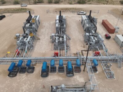 Spitzer modular compressor station featuring process piping, separation equipment, vessels and integrated skid systems.